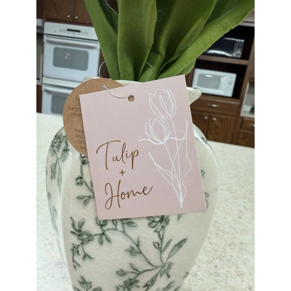 Tulip Home Artificial White Tulip Floral Arrangement Ceramic Vase Green Floral